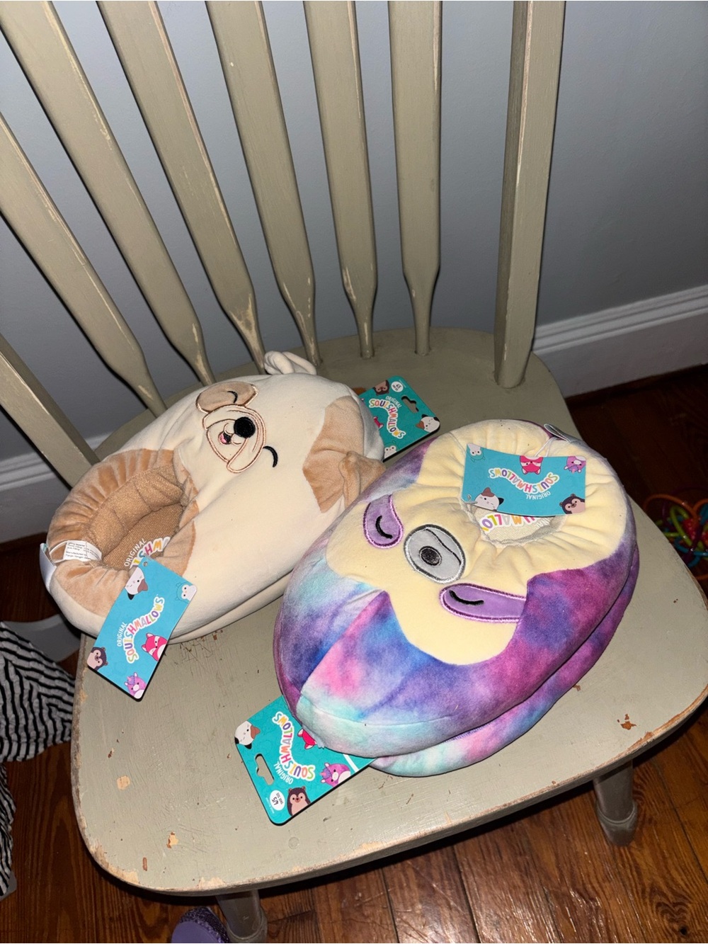 Squishmallows 4/5 Kids Plush Sloth Slippers - Beige and Tie-Dye Purple/Blue